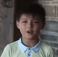 a young boy is wearing a yellow shirt and a blue collar .