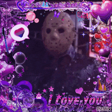 a frame with a picture of jason voorhees and the words " i love you " on it