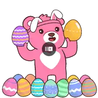 a pink teddy bear wearing bunny ears is holding an easter egg surrounded by easter eggs