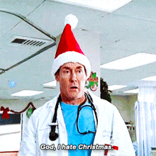 a man in a santa hat says god i hate christmas
