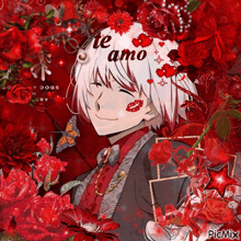 a picture of a man with red flowers and the words te amo on his face