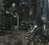 a man holding a gun is standing next to a woman in a black dress