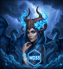 a woman with blue hair and horns is surrounded by dragons