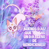 a purple background with a cat and the words buenos dias