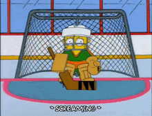 bart simpson is playing a game of hockey and screaming while holding a stick .