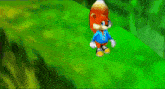 a cartoon squirrel in a blue shirt is running on a green hill