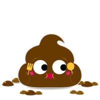 a cartoon poop with a fork and spoon in its mouth