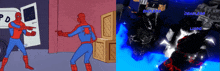 a cartoon of spider-man pointing at something next to a cartoon of a monster