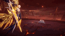 a person is holding a sword in a video game while another person lays on the ground .