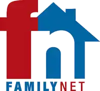 a red and blue logo for family net with a house in the middle