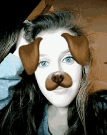 a girl with blue eyes wears a dog mask