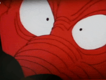 a close up of a cartoon character 's face with white eyes
