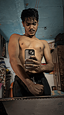 a shirtless man is taking a picture of himself in the mirror