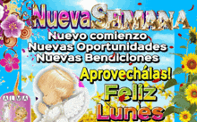 a greeting card that says feliz lunes and has a baby on it