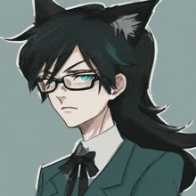 a boy with black hair and cat ears is wearing glasses and a bow tie .