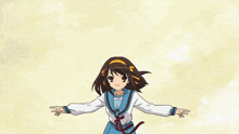 three anime girls are pointing upwards with their arms in the air
