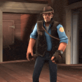 a cartoon character wearing a hat and glasses is standing in a room