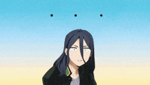 a cartoon character with long black hair making a funny face