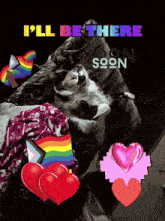 a cat is laying on a couch with the words " i 'll be there soon soon " above it