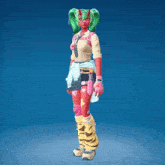 a girl with green hair and red skin is standing in front of a blue sky