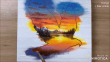 a painting of a sunset with the words made in animatica at the bottom