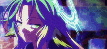 a close up of a girl with green hair and purple eyes