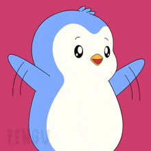 a blue and white penguin with its wings outstretched and the word pengu on the bottom