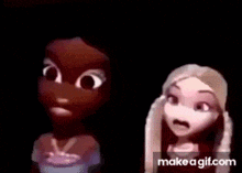 two cartoon girls are standing next to each other in the dark and looking at each other .