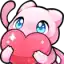 a pink cat with blue eyes is holding a pink heart in its mouth .