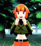 a girl with orange hair is wearing a green top and orange pants