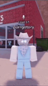 a cartoon character wearing a cowboy hat is standing in front of a red brick building with the name purrgatory on it