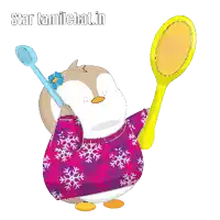 a penguin holding a mirror and a toothbrush with the words star tamilchat.in above it