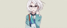 a girl with white hair wearing glasses and a blue shirt