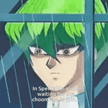 a green haired anime character with the words in spelltable alone waiting for the choomfies to join