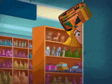 a cartoon character wearing a colorful hat is standing in front of a shelf full of toys