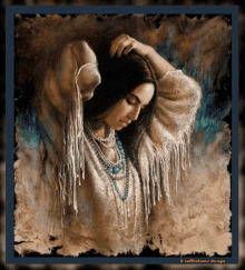 a painting of a native american woman with fringe on her shirt