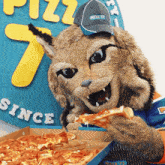 a mascot holding a slice of pizza in front of a sign that says pizza 73