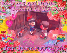 a picture of a girl and a boy with the words can we get some hearts in the chat on top