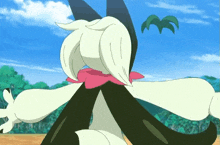 a cartoon character with a pink scarf around its neck