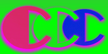 a green background with a pink and blue letter c on it