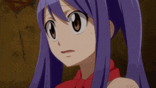 a girl with purple hair is wearing a red top