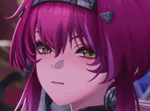a close up of a anime girl with purple hair