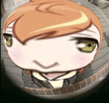 a close up of a cartoon character 's face with green eyes