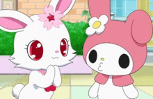 a white rabbit and a pink bunny are standing next to each other and talking .