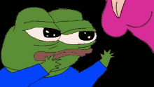a green frog with a blue shirt is looking at a pink breast
