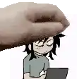 a cartoon character is sitting in front of a laptop computer while a hand is holding his head .