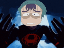 a cartoon character with green hair and a red spider on his chest