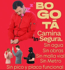 a man in a red jacket is sleeping on a red background with a woman and a man in a mask .