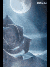 a painting of a rose with a full moon in the background