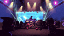 a pixel art shows a crowd watching a band perform on a stage
